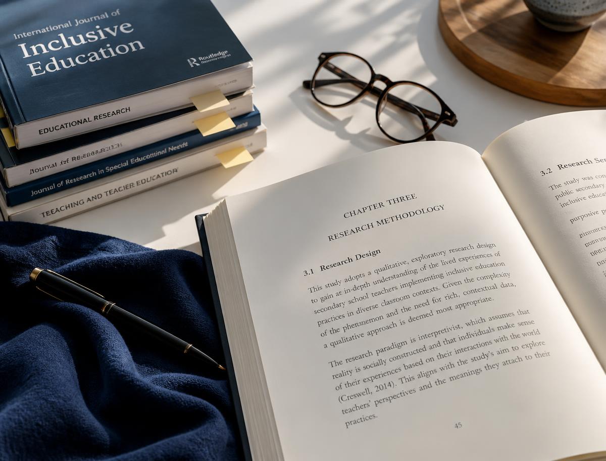 Open dissertation chapter beside academic journals and reading glasses