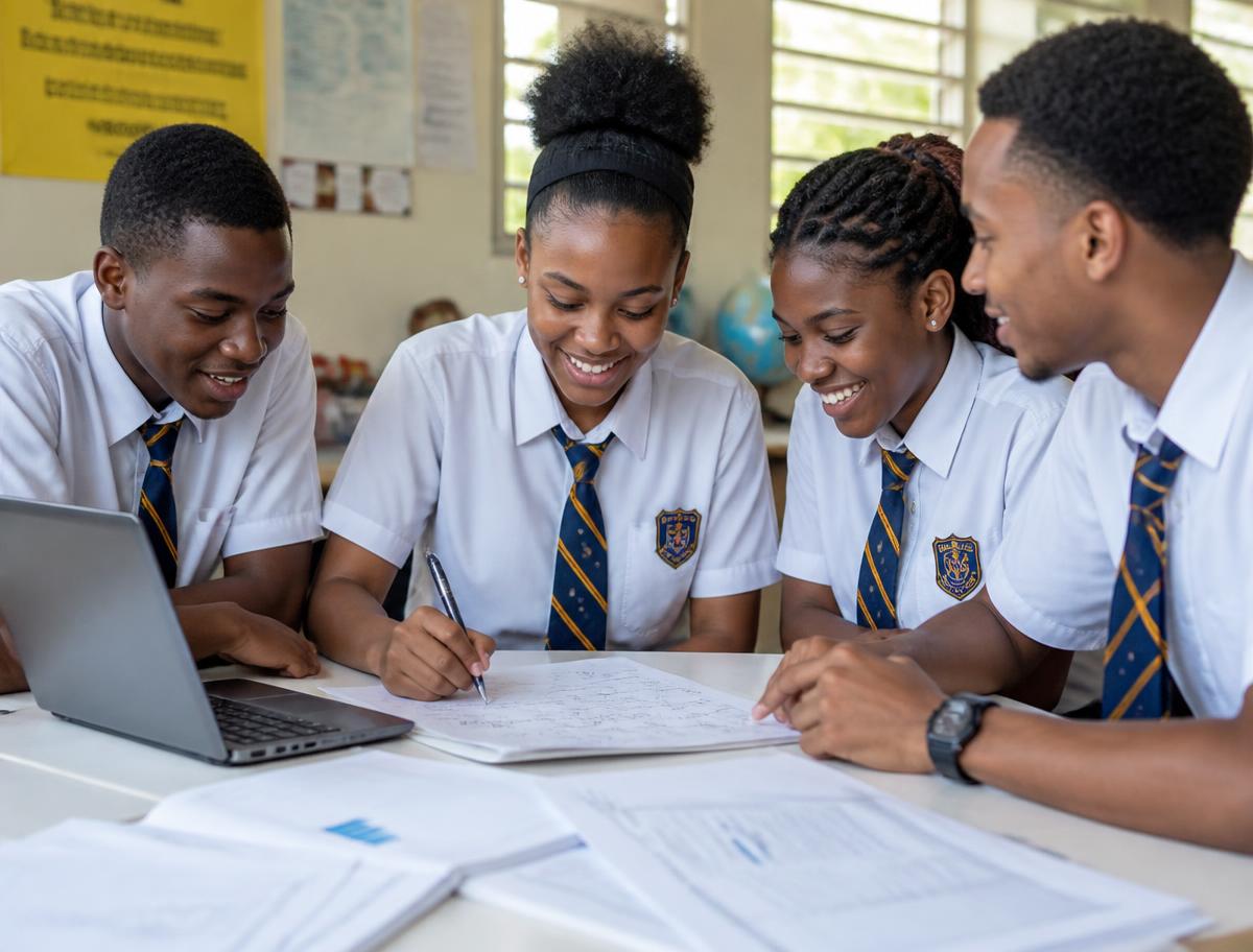 Caribbean secondary school students working together on a school-based assessment