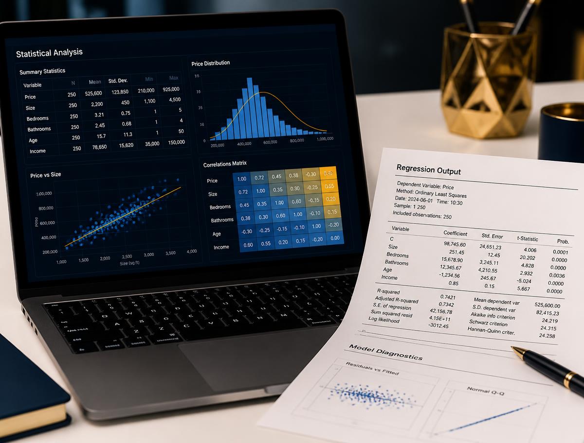Laptop displaying statistical charts next to a printed regression output sheet