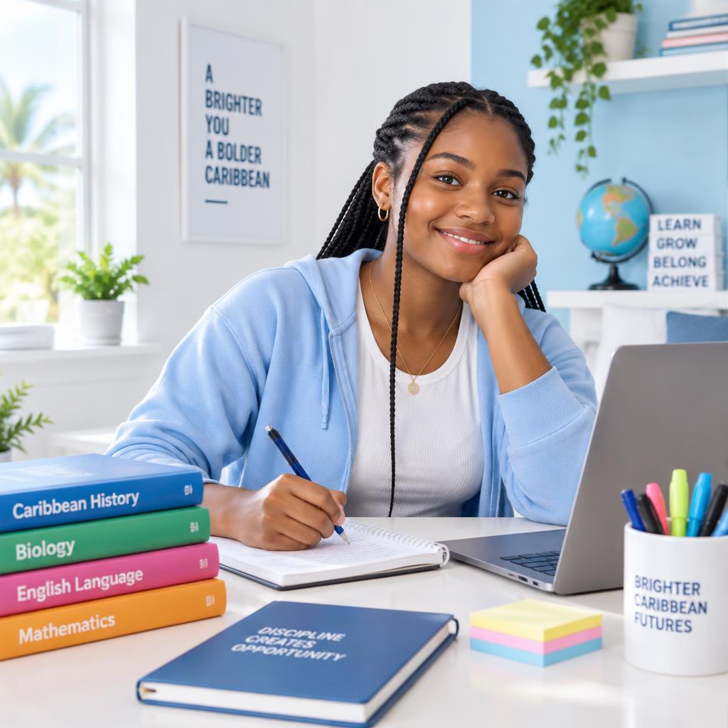 A Caribbean CSEC student studying at her desk with a laptop, notebook and textbooks